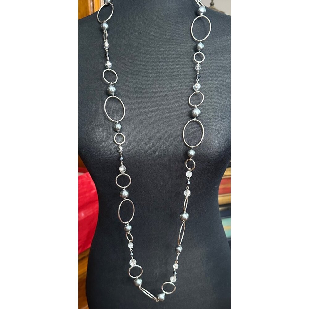 Lia Sophia Necklace Jewelry Silver Tone Blue Gray Beads Circles 49" Long